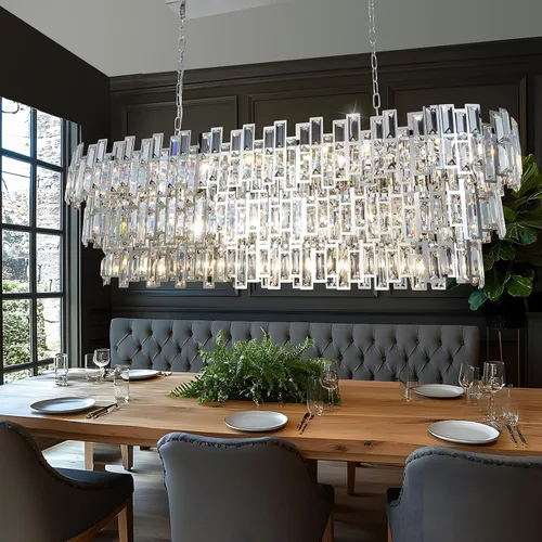 Miniatura 7 de Candelabros modernos para comedor, lámpara de araña rectangular cromada, lámpara colgante de cristal, colgante rectangular lineal cromado