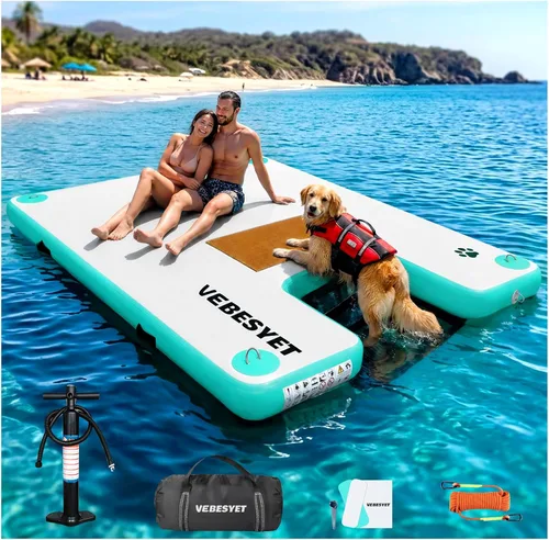 Miniatura 10 de Muelle inflable con rampa de agua, muelle flotante inflable antideslizante de 6 pulgadas de grosor para perros y adultos, plataforma flotante