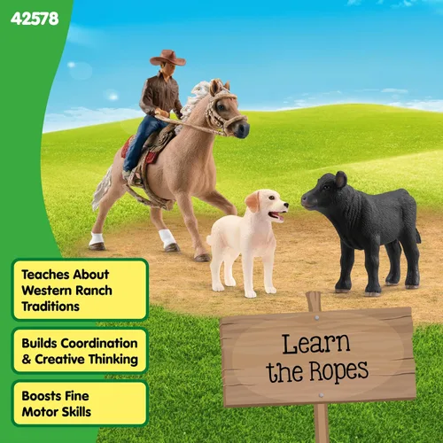 Miniatura 6 de Schleich Farm World - Juego de 6 piezas para rodeo de ternero - Figura de jinete de vaquero con figura de caballo, vaca y perro - Juguetes