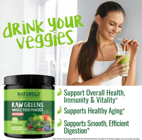 Miniatura 5 de NATURELO Polvo de superalimentos de verdes crudos - Sin azúcar - Aumenta la energía, desintoxica, mejora la salud - Espirulina orgánica - Hierba