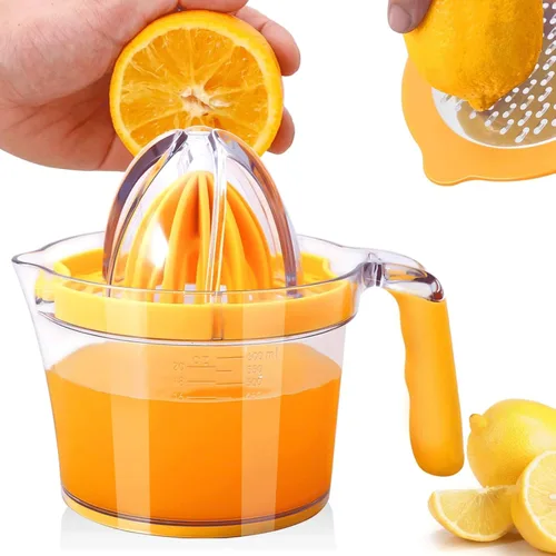 Drizom Exprimidor manual de cítricos y naranja limón, exprimidor de frutas, prensa de lima con taza medidora integrada y rallador y separador de