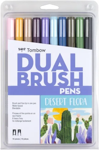 Tombow 56197 Marcadores artísticos de doble pincel, flora del desierto, paquete de 10 marcadores mezclables, con pincel y punta fina