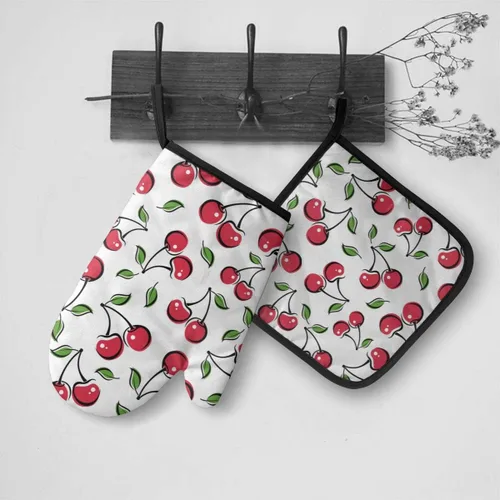 Miniatura 3 de Juego de 2 guantes de horno y soportes para ollas de cereza roja, resistentes al calor, con superficie antideslizante para una barbacoa segura