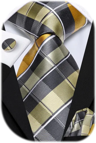 Miniatura 48 de Hi-Tie Corbata clásica de cachemira para hombre con pañuelo y gemelos a cuadros