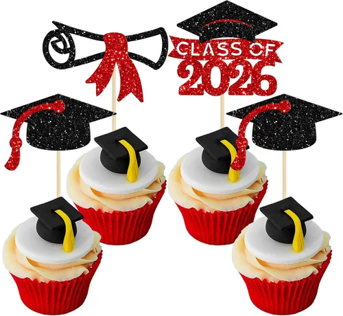Miniatura 11 de Gyufise 24 piezas Adornos para pastel de graduación 2026 con purpurina negra, clase de 2026, adornos para magdalenas con gorra de graduación