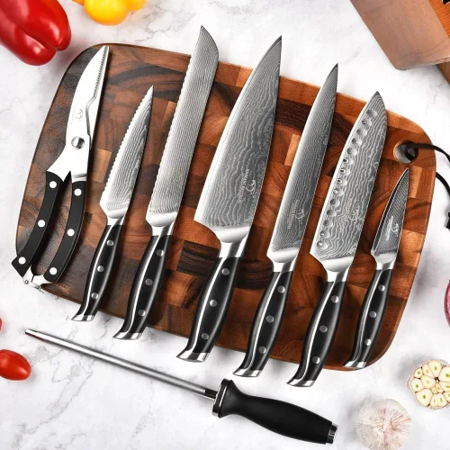 Miniatura 9 de Conjunto de cuchillos de cocina Damasco con bloque - Acero VG10 de 67 capas de afilado al ras, mangos con triple remache, cuchillos de chef, Gris