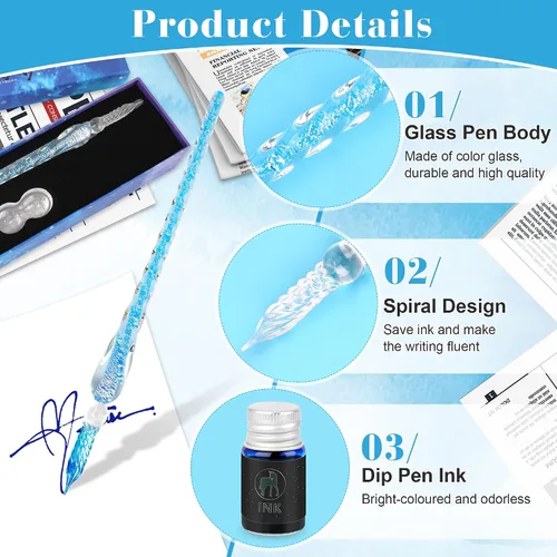 Miniatura 3 de Luxiv Juego de bolígrafos de tinta de vidrio, pluma de inmersión de vidrio con tinta fluorescente y soporte para bolígrafo, plumas de vidrio de Azul