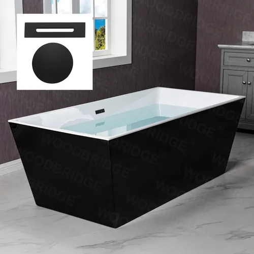 WOODBRIDGE Bañera de acrílico independiente de 67 pulgadas, bañera negra de remojo contemporáneo con desbordamiento y drenaje negro mate, BTA1812-MB