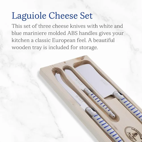 Miniatura 2 de Jean Dubost Laguiole - Juego de cuchillos de queso de 3 piezas, mango Mariniere, acero inoxidable resistente al óxido, incluye bandeja de madera