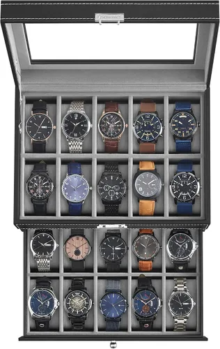 SONGMICS Caja de reloj, organizador de 20 ranuras para reloj con tapa de vidrio grande, almohadas extraíbles, cerradura de metal, regalo para seres