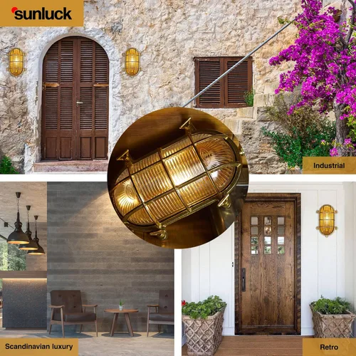 Miniatura 7 de Sunluck Luz de mamparo de latón, lámpara de pared náutica ovalada de rejilla, pantalla, iluminación de montaje en techo, luz de sauna impermeable