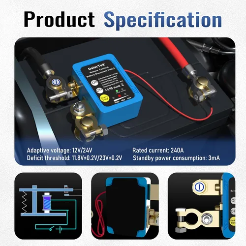 Miniatura 4 de DaierTek Interruptor de desconexión de batería remoto 12V/24V 240A Interruptor de apagado para corte de energía automotriz para coche, camión