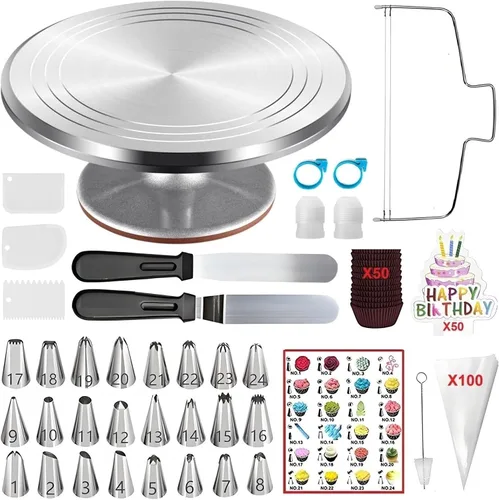 ANSLYQA Kit de decoración de pasteles, 237 piezas con plato giratorio de aluminio para pasteles, nivelador, 24 puntas de glaseado numeradas, 2