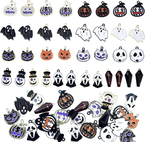 36 colgantes de Halloween chapados en oro negro esmaltado calabaza fantasma, payaso mago, sombrero de mago de Halloween para hacer joyas, bricolaje,