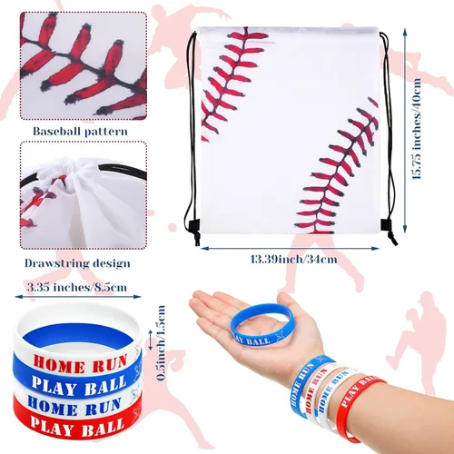 Miniatura 2 de Roowest 24 bolsas de recuerdos de fiesta de béisbol con pulseras con cordón de béisbol, bolsas de regalo para niños, suministros de fiesta