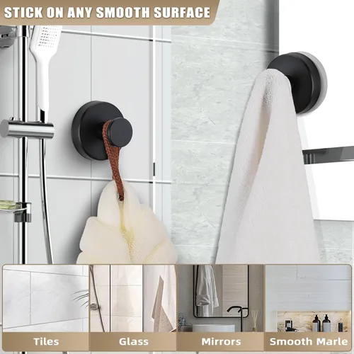 Miniatura 2 de Ganchos de ventosa para ducha sin taladro, ganchos de baño para toallas, batas, esponja vegetal montables en paredes de baño, cocina, vidrio, Negro