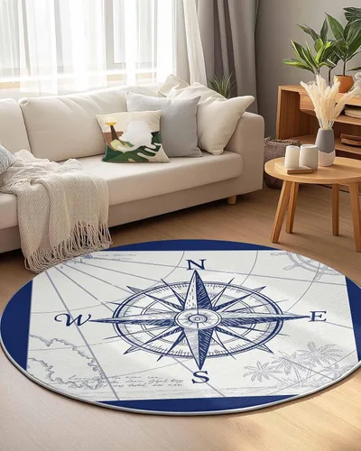 Miniatura 5 de Alfombra redonda de brújula náutica de 6 pies, lavable para dormitorio, cocina, baño, sala de estar, comedor, lavandería, área+alfombra, alfombra