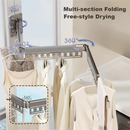 Miniatura 3 de Tendedero de ropa montado en la pared, colgador retráctil de 3 pliegues con agujeros a prueba de viento y diseño desmontable, estante plegable Gris