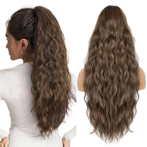 Miniatura 15 de Extension de cola de caballo con cordón de 26 pulgadas para mujer, extensiones de cola de caballo largas y onduladas, extensiones de cabello