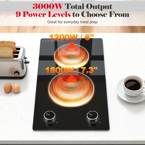 Miniatura 3 de SNDOAS Cocina eléctrica de 2 quemadores, 12 pulgadas integrada de 3000 W y 9 niveles de potencia, estufa eléctrica con control de perilla, cableado