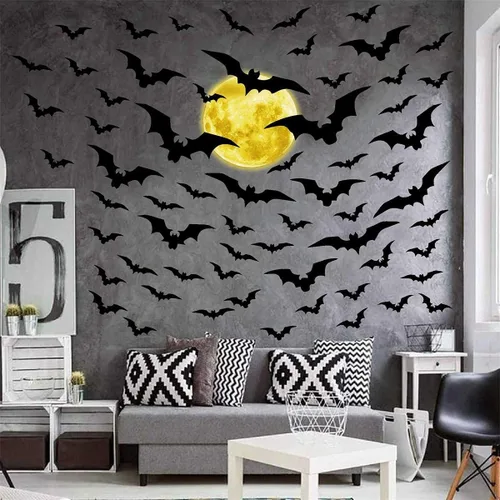 Miniatura 13 de Halloween Moon Wall Sticker Black Bat Wall Stickers Vinyl Crow Bird Tree Branch Wall Decals Removable Halloween Moon Bat Wall Decals Bats Window