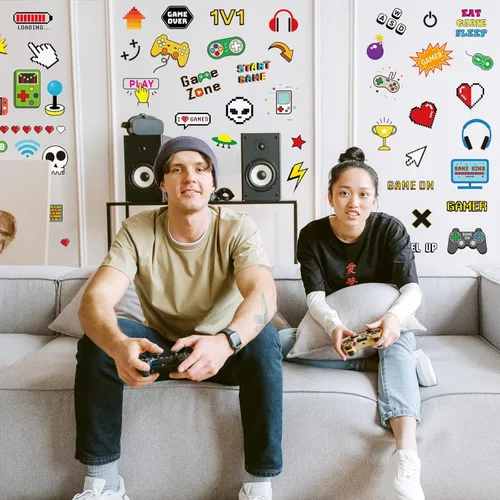 Miniatura 2 de PLIGREAT 100 calcomanías de pared coloridas para jugadores, calcomanías de pared para despegar y pegar, calcomanías de vinilo extraíbles para Gamer
