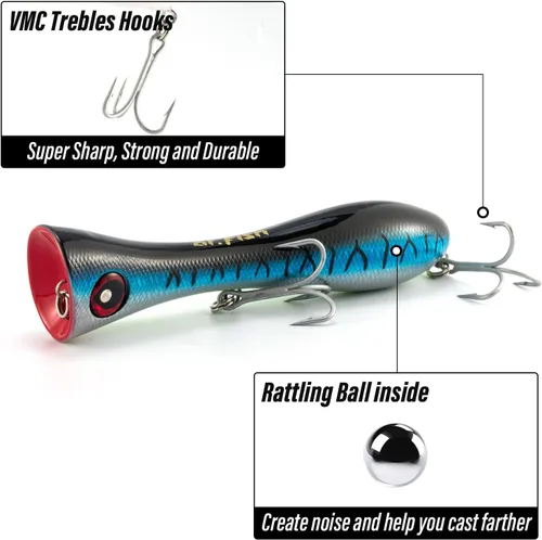 Miniatura 3 de Dr.Fish Topwater Popper Señuelos de pesca de agua salada, 8 pulgadas GT Popper VMC anzuelos agudos señuelos de pesca de surf para Striper Atún