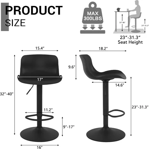 Miniatura 2 de LSSBOUGHT Taburetes de bar, taburetes de bar giratorios de altura de mostrador con respaldo de carcasa de plástico, sillas de bar ajustables, Negro
