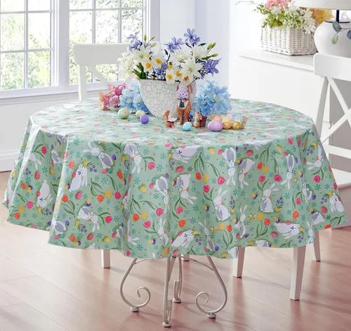Miniatura 13 de Newbridge Blue Easter Cotton Tail Bunny Party 52 x 52 inch Square Vinyl Tablecloth with Flannel Backing, Bunny Rabbit, Easter Eggs and Floral Design
