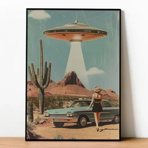 Lienzo de paisaje del desierto para pared, póster de platillo volador, imagen retro de los años 70, estilo de los años 70, arte de pared vintage