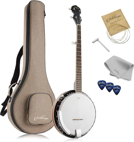 Ashthorpe Banjo de 5 cuerdas - Tamaño completo con 24 soportes, parte posterior cerrada, resonador de caoba, afinador en la quinta cuerda con