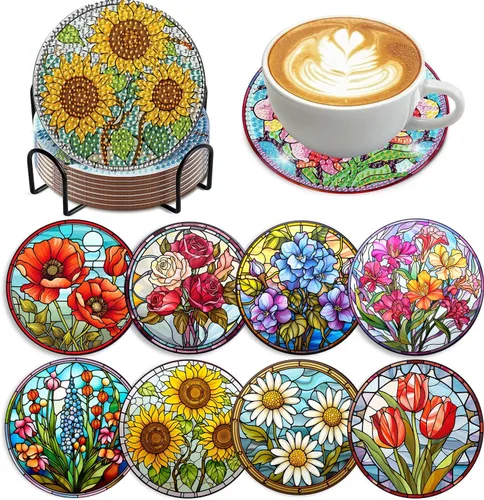 8 PCS Juego de Posavasos de Arte de Diamantes con Flores, Juego de 8 Posavasos de Pintura de Diamantes con Soporte, Posavasos para Bebidas DIY