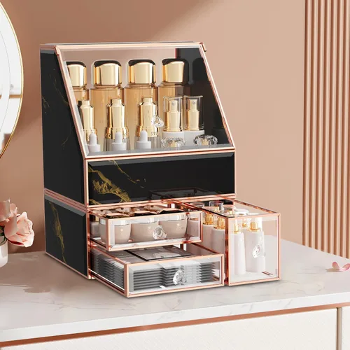 Miniatura 7 de CoralHouse Organizador de maquillaje, organizador de maquillaje ámbar con cajón, soporte para el cuidado de la piel para encimera de baño, vitrina