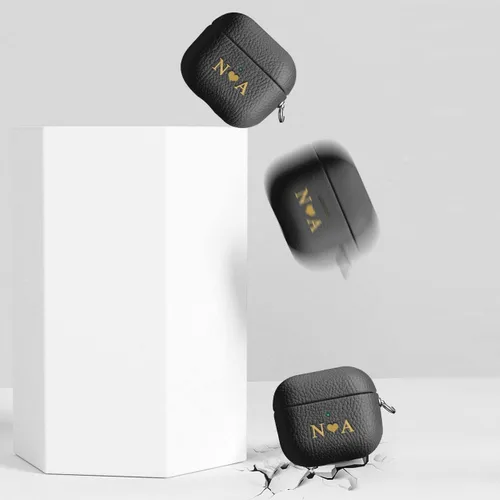 Miniatura 4 de Funda de cuero con iniciales personalizadas para Apple Airpods 3 2021, funda vegana de lujo con llavero con nombre personalizado en relieve y letras