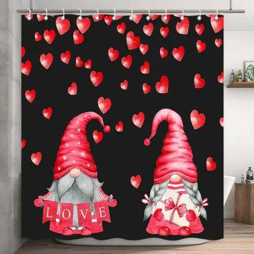 Miniatura 3 de Cortina de ducha de gnomo de San Valentín, decoración romántica de baño con corazones rojos, juego de cortinas de baño rojas y negras, decoración
