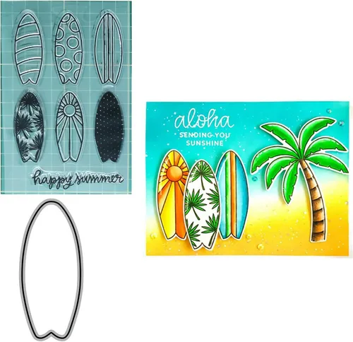 Juegos de sellos y troqueles transparentes de tabla de surf de verano para hacer tarjetas, plantillas de corte troquelado para álbumes de recortes,