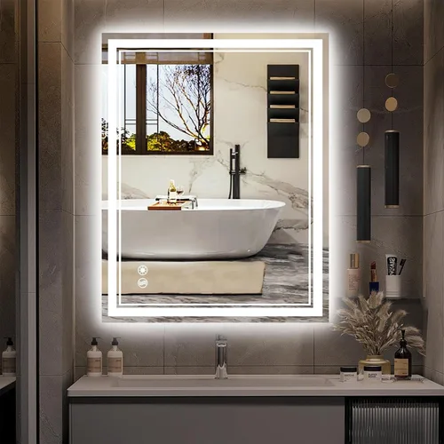 Miniatura 14 de Espejo LED de 48 x 28 pulgadas para baño, espejo de baño antivaho con luces regulables, 3 colores, luces delanteras y retroiluminadas, espejo