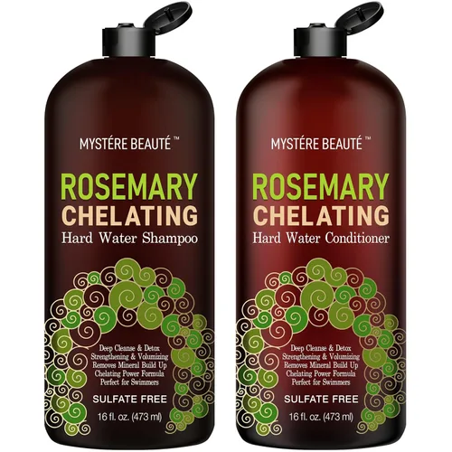 MYSTÈRE BEAUTÉ - Juego de champú y acondicionador quelante de romero – Cuidado del cabello con agua dura sin sulfato con biotina, queratina y árbol