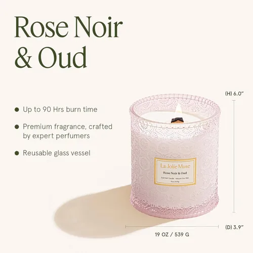 Miniatura 5 de La Jolie Muse - Vela Rose Noir & Oud - Limón, rosa y oud - Vela grande de 19 oz con mecha de madera, cera de soja natural y 90 h de combustión Rosa