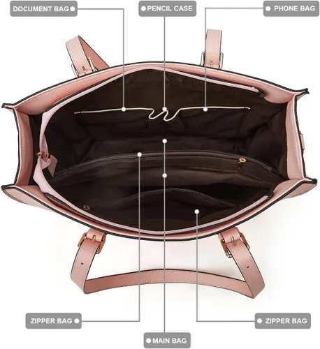 Miniatura 29 de Juego de 4 bolsas modernos para mujer de cuero sintético: bolso tote, bolso de hombro, bolso de mano y cartera.