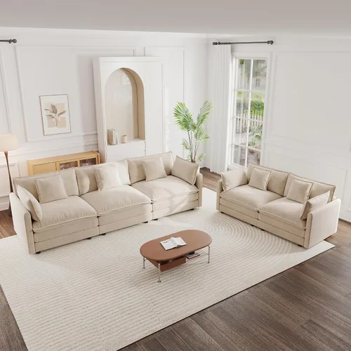 Miniatura 21 de mikibama Juego de sofá biplaza y sillón de lujo de 2 piezas, moderno juego de sofás nube tapizados de chenilla con 5 almohadas para sala de estar