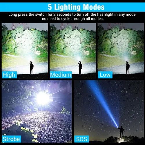 Miniatura 2 de Linternas Recargables de Alto Lúmenes, Luz LED Súper Brillante, Linternas Tácticas con Pantalla LCD de Energía, 5 Modos, Impermeable, Linterna Más