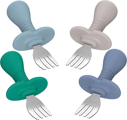 Juego de 4 tenedores para bebés, utensilios de autoalimentación con asas de silicona suave, acero inoxidable 18/8, antiestrangulamiento y sin BPA 4