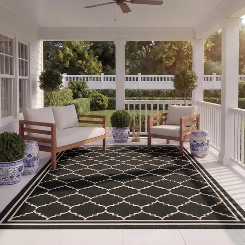 Miniatura 38 de SAFAVIEH Alfombra lavable para exteriores, colección Courtyard de 2.3 x 6.7 pies, color negro y crema, no desprende pelusa y de fácil limpieza