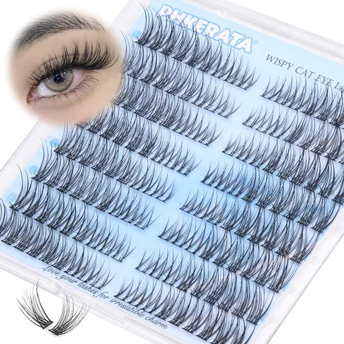 PHKERATA Wispy - Racimos de pestañas naturales de 0.39 a 0.59 pulgadas, curvatura C, 144 unidades, extensiones de pestañas individuales de ojo de