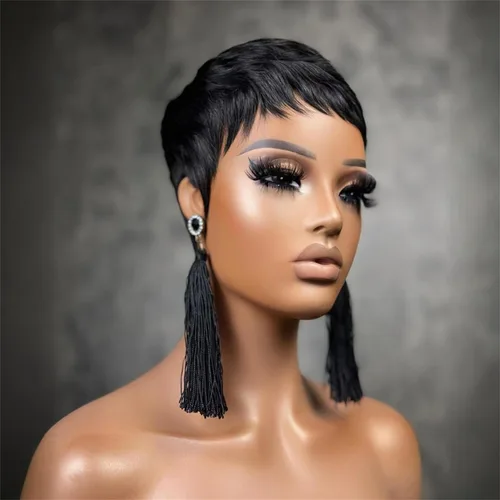 Miniatura 4 de YJOQOKOA Peluca corta de corte Pixie para mujeres negras, peluca de cabello humano lacio negro natural, peluca estilo Bob, pelucas cortas en capas