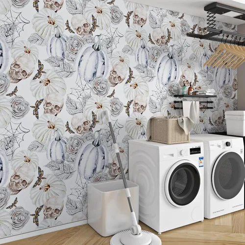 Miniatura 5 de ReWallpaper Papel tapiz gris y blanco con diseño de calavera, calabaza, papel tapiz gótico para despegar y pegar, papel de pared para dormitorio