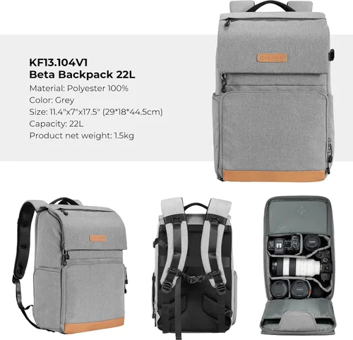 Miniatura 16 de K&F Concept Funda para cámara de 22L para fotógrafos, bolsas de cámara de gran capacidad con cubierta impermeable, compartimento para laptop de 15.6