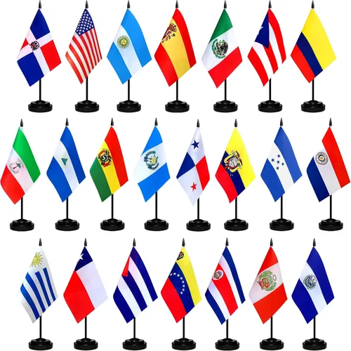 TSMD Juego de banderas de escritorio de habla hispana de 22 países, pequeñas mini banderas latinoamericanas de oficina para decoración del mes