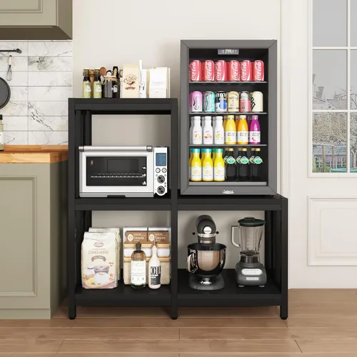 Miniatura 6 de Mini soporte para refrigerador con almacenamiento, gabinete negro para barra de café con espacio para mini refrigerador, soporte para microondas